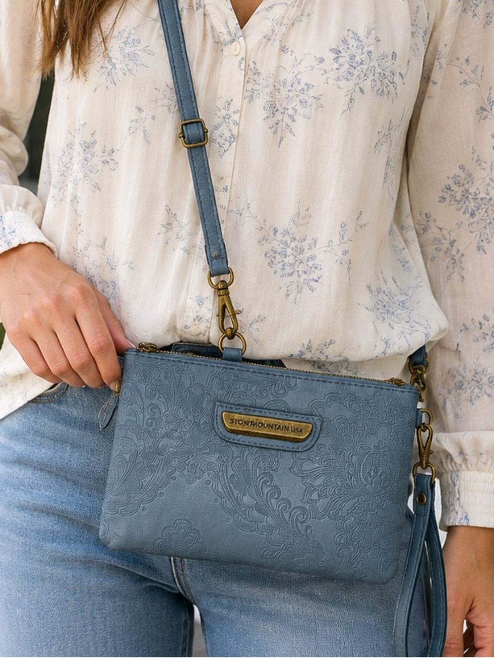 Stone Mountain USA Blue Embossed Floral Convertible Crossbody Wristlet Bag